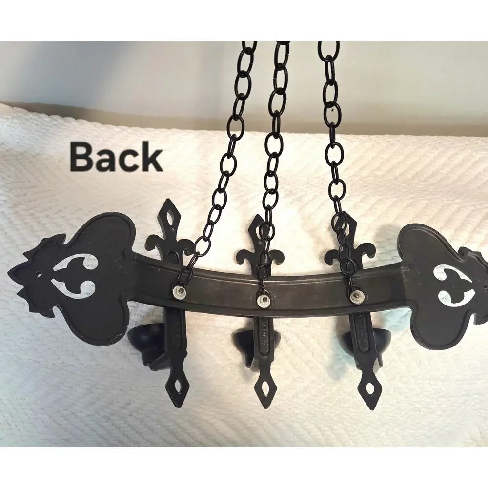 Gothic Wall Sconce 1960s 3 Candle Holders Chains Heavy Black Cast Metal